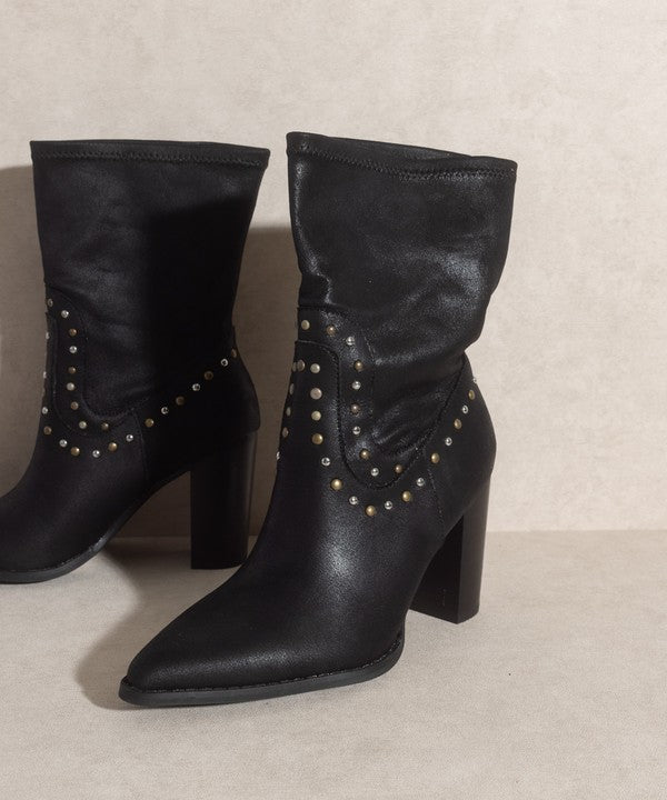 STUDDED COWGIRL HEELED BOOTS