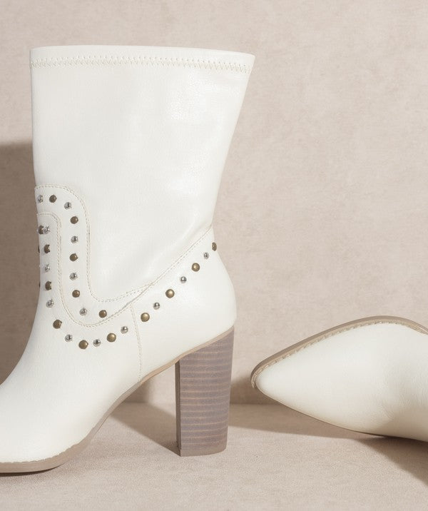 STUDDED COWGIRL HEELED BOOTS