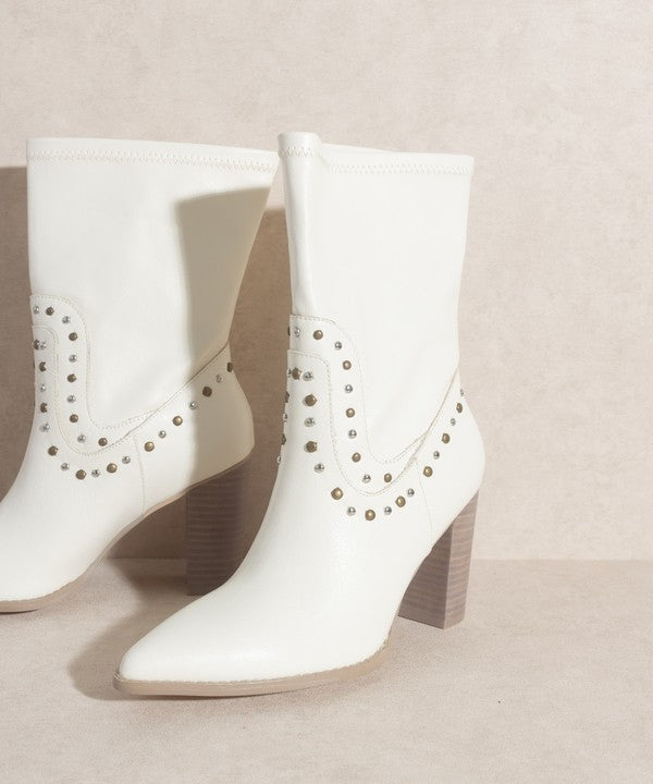 STUDDED COWGIRL HEELED BOOTS