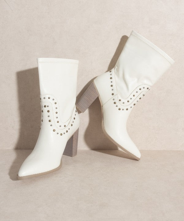 STUDDED COWGIRL HEELED BOOTS