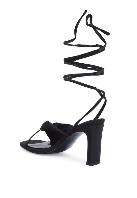 RUCHED SATIN LACE UP BLOCK HEELED SANDALS