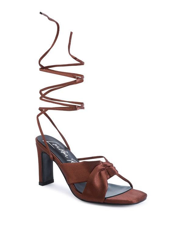 RUCHED SATIN LACE UP BLOCK HEELED SANDALS