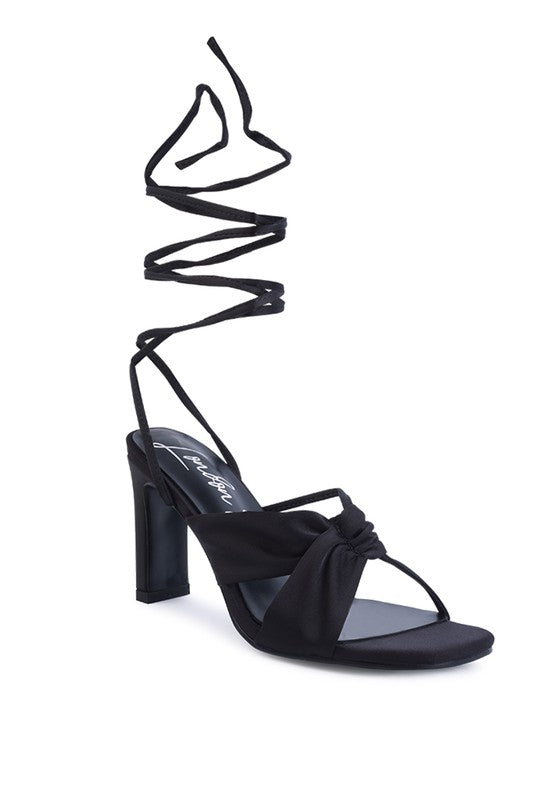 RUCHED SATIN LACE UP BLOCK HEELED SANDALS