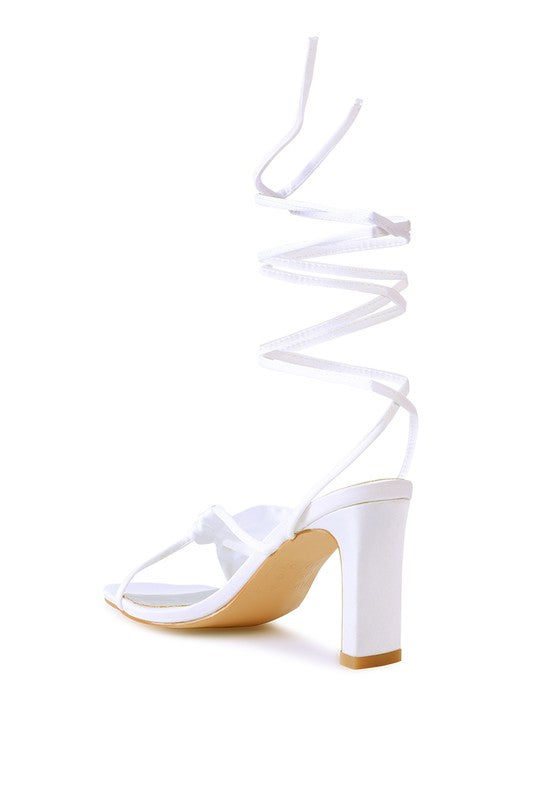 RUCHED SATIN LACE UP BLOCK HEELED SANDALS