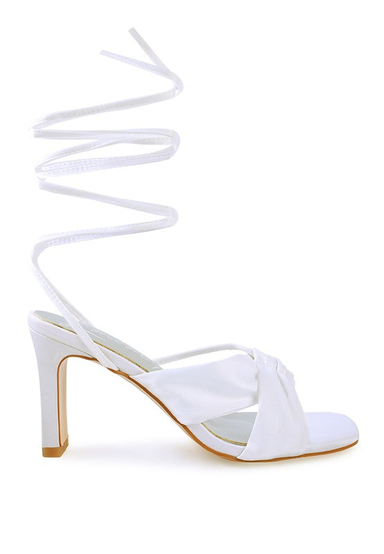 RUCHED SATIN LACE UP BLOCK HEELED SANDALS