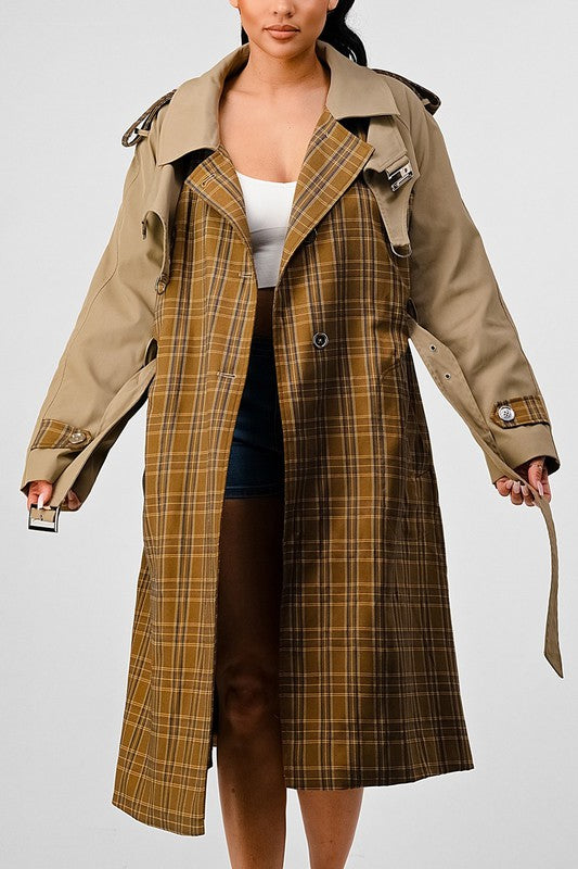 ATHINA PLAID AND KHAKI CONTRAST TRENCH COAT